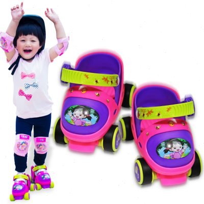 High-class baby skater, 2-3-year-old junior scholar, with a 4-year-old kid skater suit and a girl with a skater