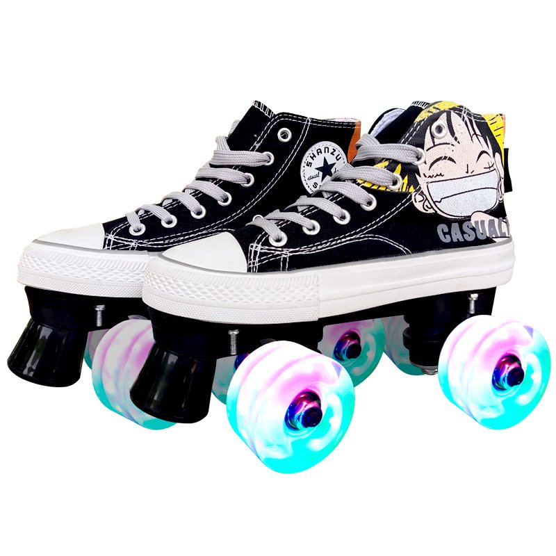 a four-wheeler skater, an adult with two dry skates, a boy and a girl