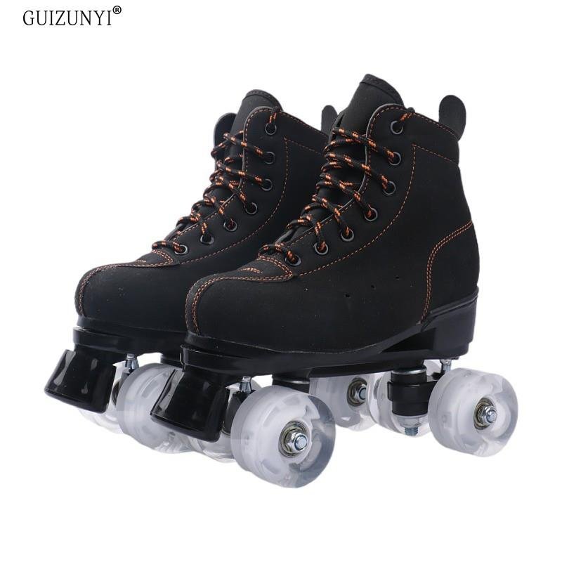 Black adults with two pairs of skates and four wheeled shoes for adult men and women with two pairs of skates