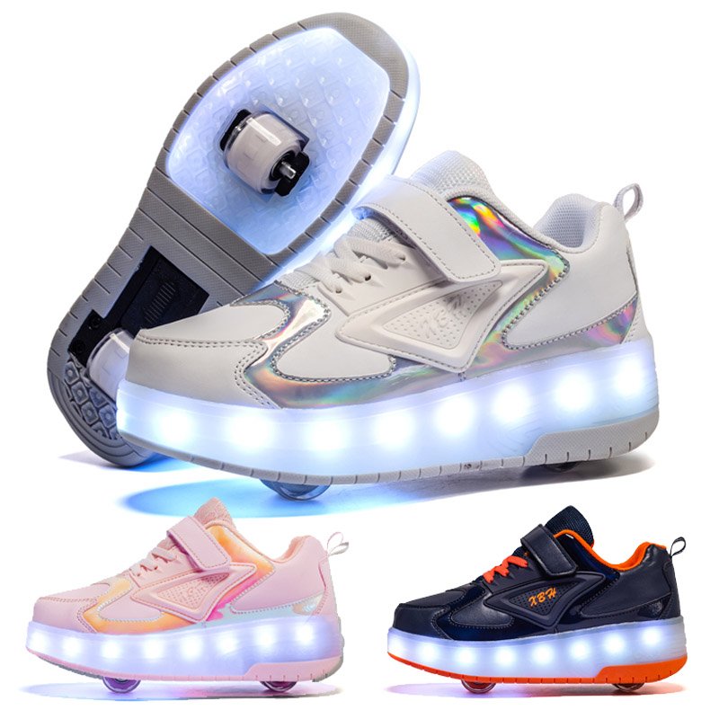 Shoes for a girl with two-wheel skates and skating shoes