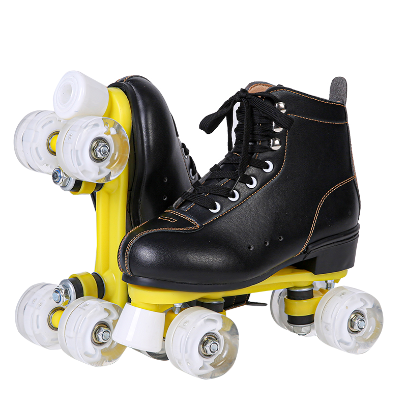 New adult pair of skater children, four adult male and female beginners, roller skates