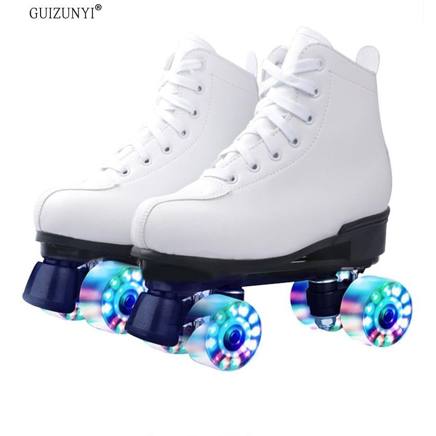 White-skinned adult pair of skater children, four-wheeled adult male and female, dry-shoe pair of roller skates