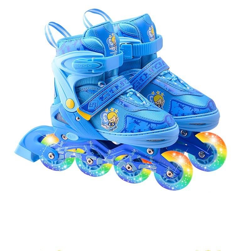The skates kids are all flashy, men and women are skates, junior kids are rollers