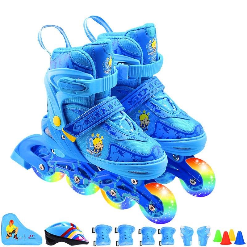 The skates kids are all flashy, men and women are skates, junior kids are rollers