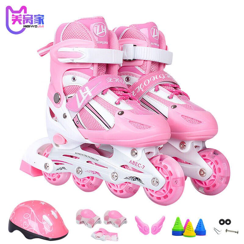 Three-four-five-year-old freshman in roller skates with girls and boys