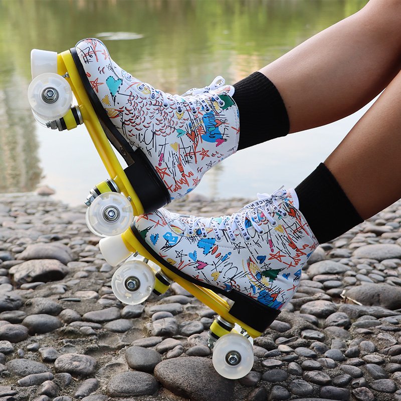 an adult skater with a pair of roller skates, an adult with a four-wheel roller skates