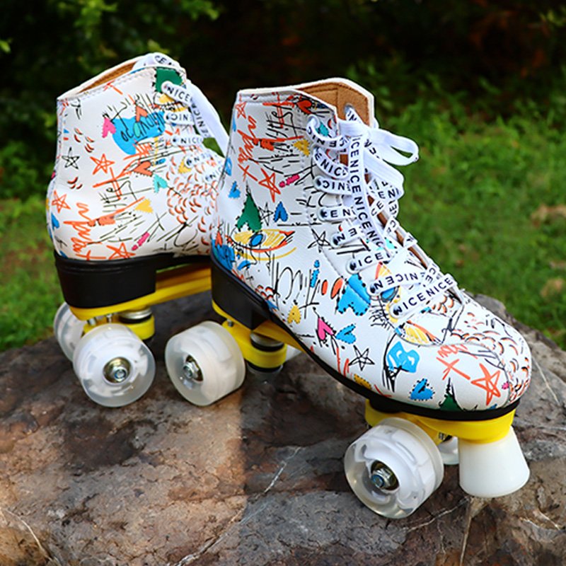 an adult skater with a pair of roller skates, an adult with a four-wheel roller skates