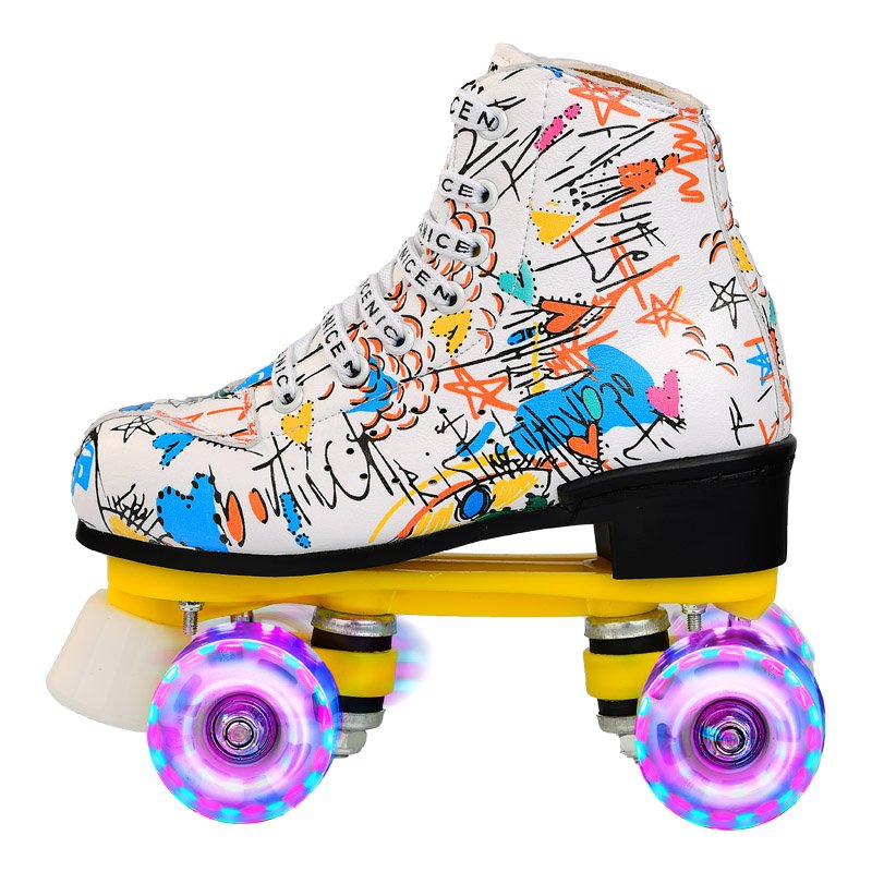an adult skater with a pair of roller skates, an adult with a four-wheel roller skates
