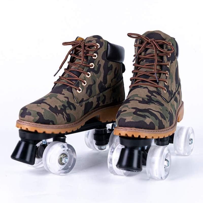 Four children with new pairs of skates, boys and girls, with a full-time skating wheel, adult skating shoes, two skis
