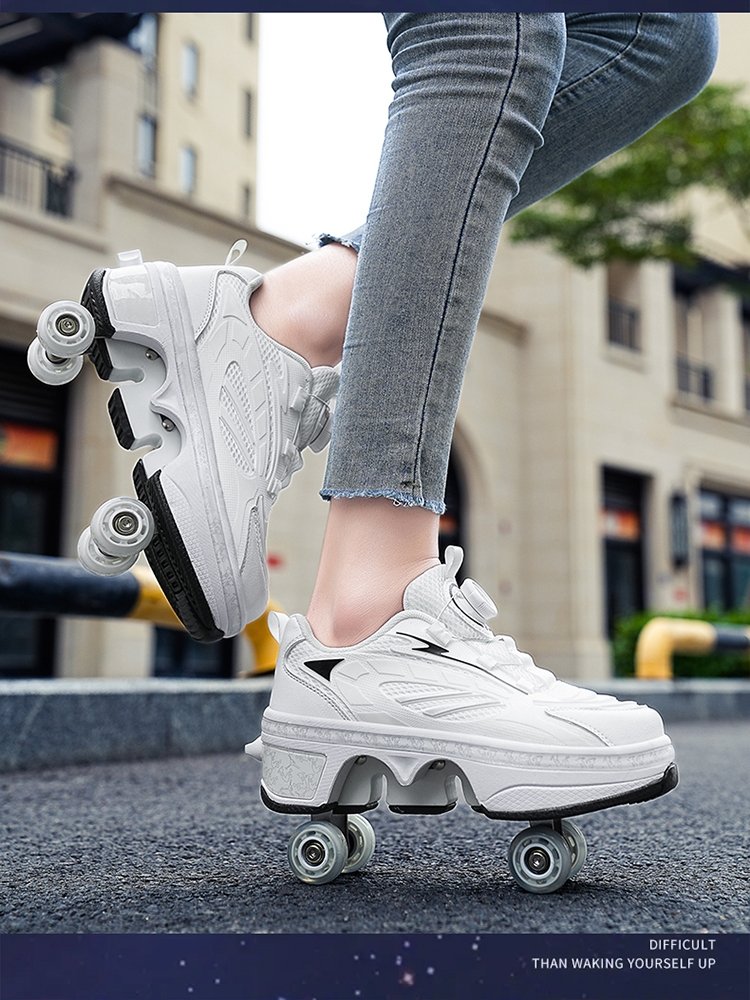 Boys and girls in four-wheel-drive skates with a wheeled automatic skater in their shoes