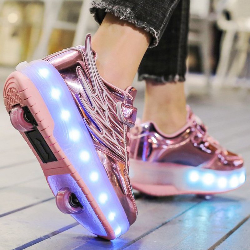 Four-wheeled-out girls pop out of two-wheel invisible skates, boys