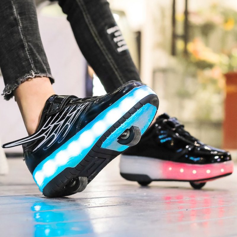 Four-wheeled-out girls pop out of two-wheel invisible skates, boys