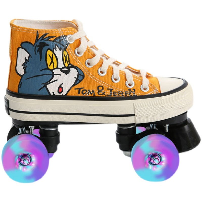 New adult tarpaulin skates, boys and girls, two rows full of glitter skates