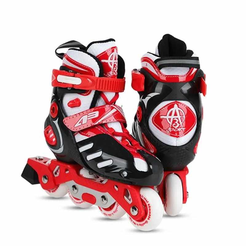 a 3-year-old skater kid with a full set of skates, a man and a woman all shining out of a roller skate