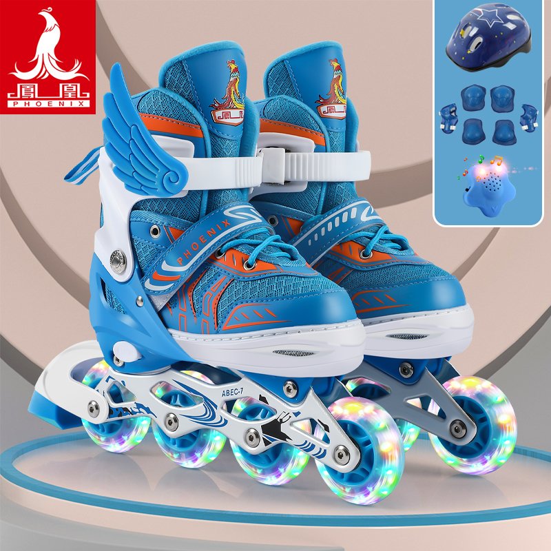 phoenix skater children, boys and girls with skating roller skates, straight line