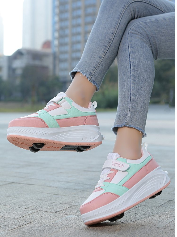 A girl with a wheeled shoe with a four-wheeled deformation shoe
