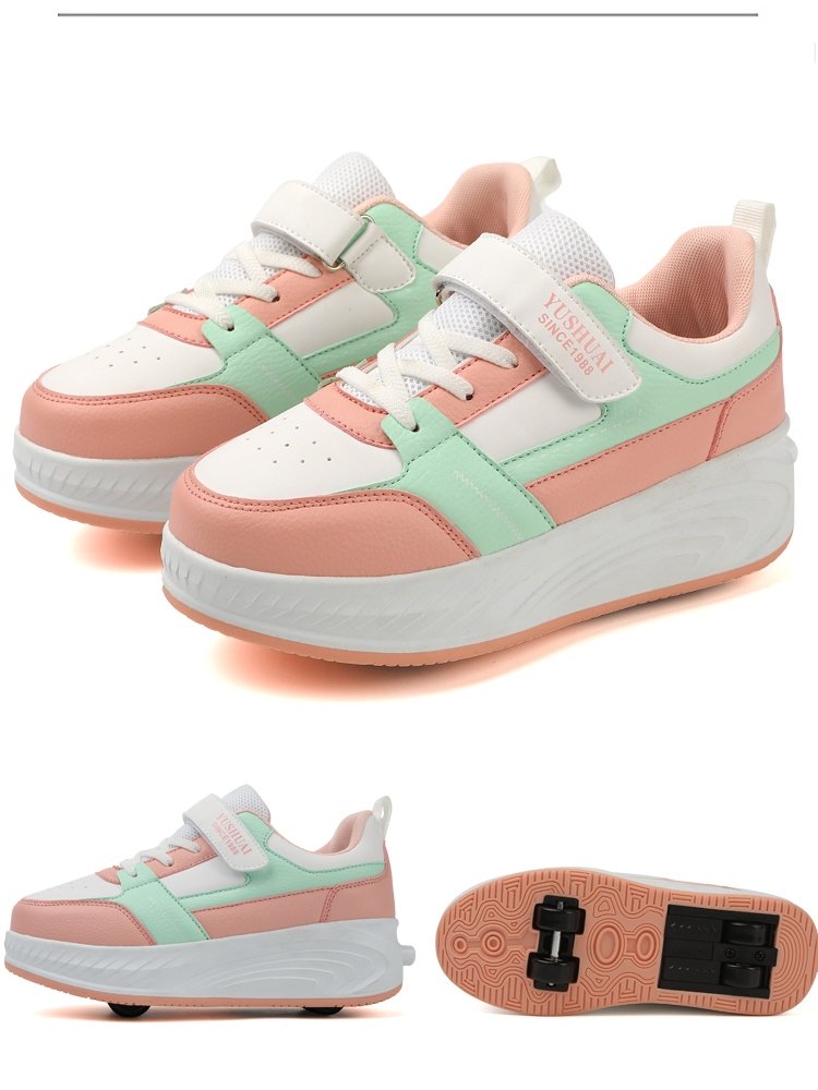 A girl with a wheeled shoe with a four-wheeled deformation shoe