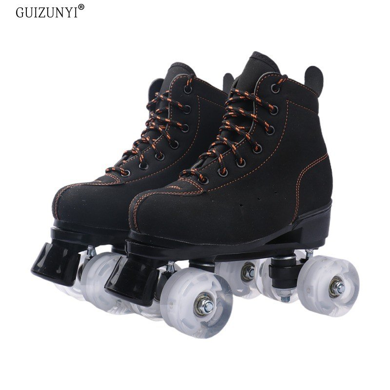 Black adults with two pairs of skates and four wheeled shoes for adult men and women with two pairs of skates