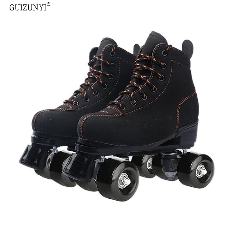 Black adults with two pairs of skates and four wheeled shoes for adult men and women with two pairs of skates
