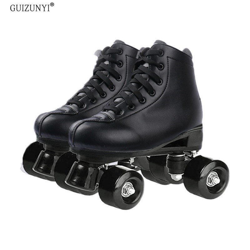 White-skinned adult pair of skater children, four-wheeled adult male and female, dry-shoe pair of roller skates