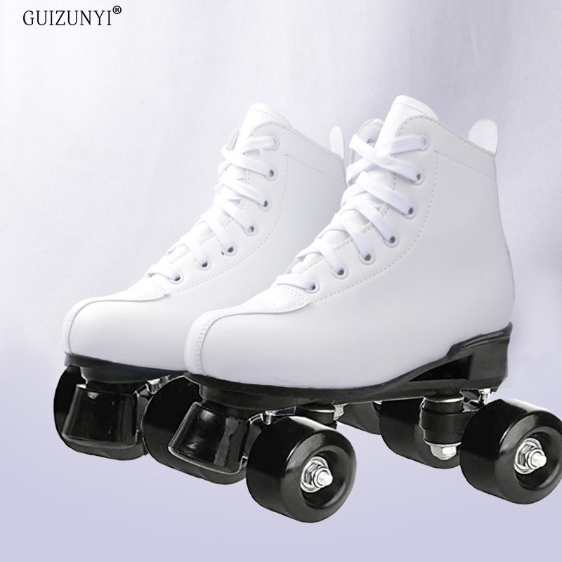 White-skinned adult pair of skater children, four-wheeled adult male and female, dry-shoe pair of roller skates