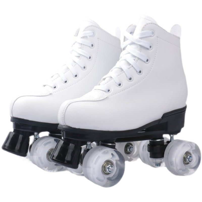 White-skinned adult pair of skater children, four-wheeled adult male and female, dry-shoe pair of roller skates