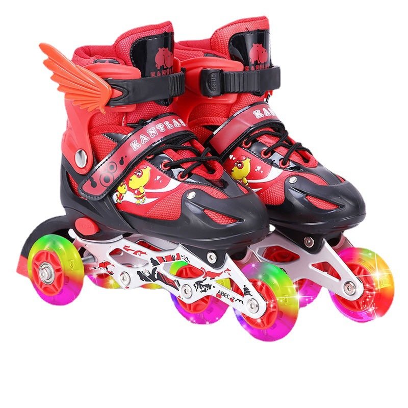 Red skates, three-legged juniors, two-wheeled skates, four-wheeled skates for boys and girls
