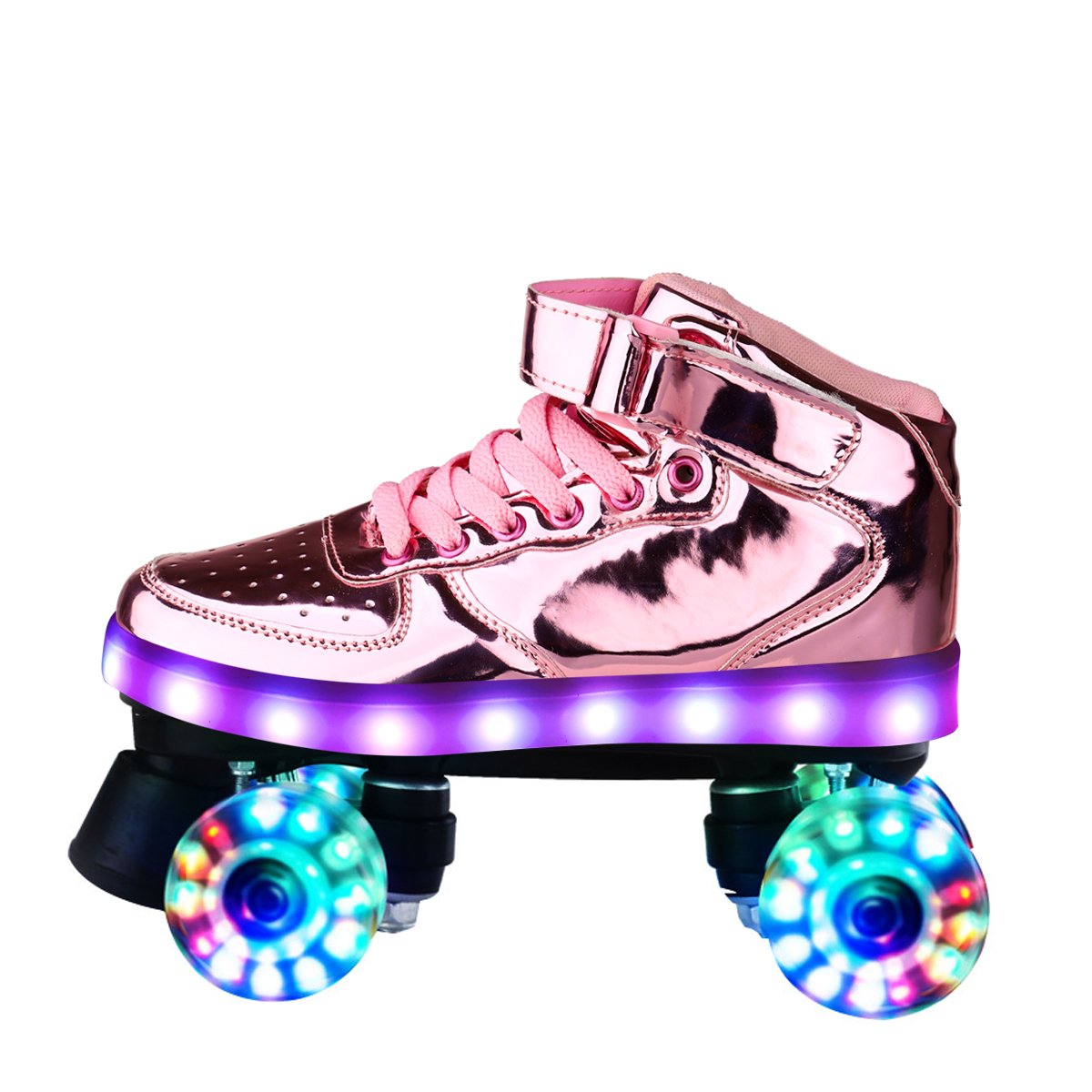 RECHARGED SHOES LED SKATES, ADULT PAIRS OF MEN AND WOMEN, FOUR-WHEEL SKATING KIDS IN A DRY ICE FIELD