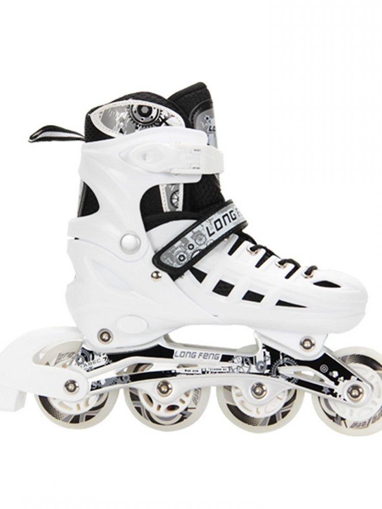 Decanonous, adult, straight-line, roller skater children with a full set of first-grade male and female students