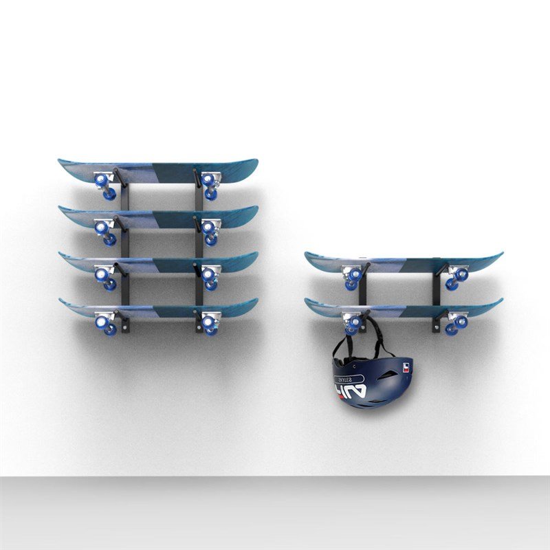 The skateboard shows a long surfer hanger with a ski board on the wall