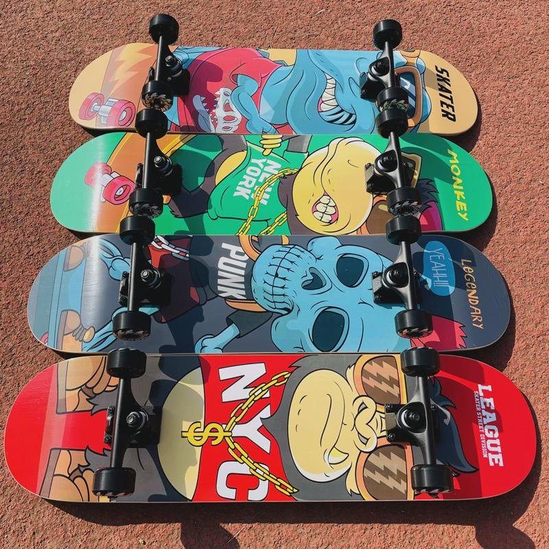 Two skateboard beginners, adult, male and female, and a professional skateboarding road