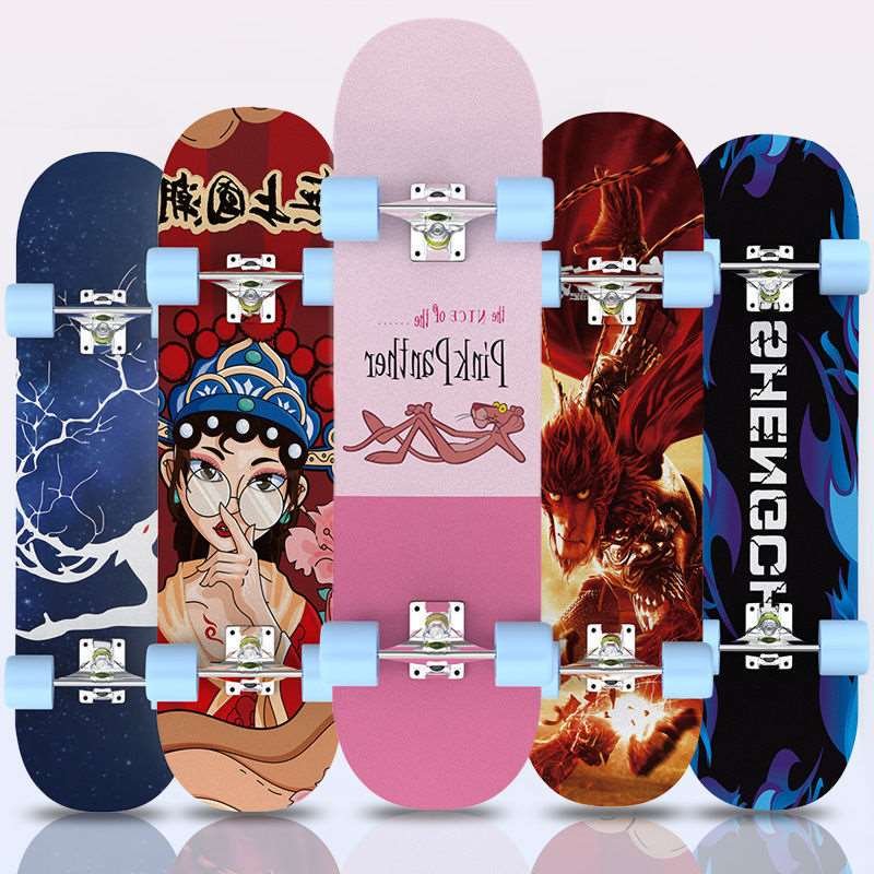 A four-wheeler skating scholar, a young adult skating boy, a street-scratching professional