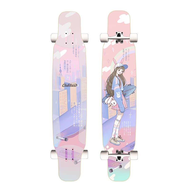 Chelltown, a caramel long-board skating professional, male and female beginners brushing the streets and walking the kids