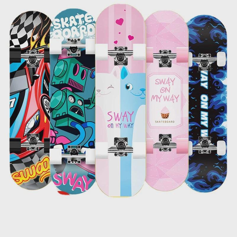 Skiboard children's primary schoolgirls aged 6 to 12 years enter the street with a four-wheeler of a professional skateboarder