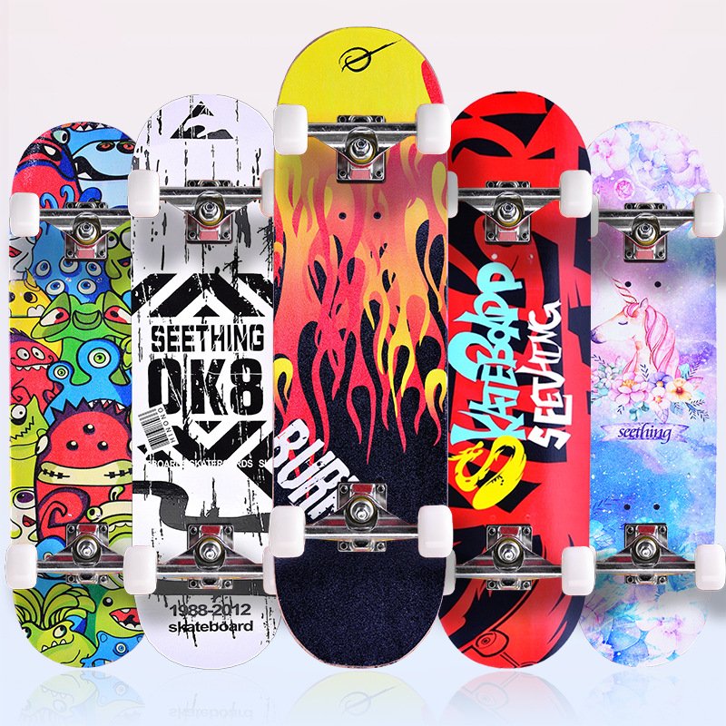 A professional four-wheel skater beginner with a two-barrel plank, a boy and a girl surfer