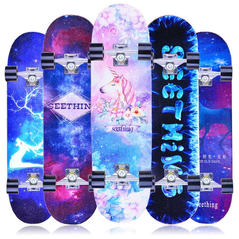 A professional four-wheel skater beginner with a two-barrel plank, a boy and a girl surfer