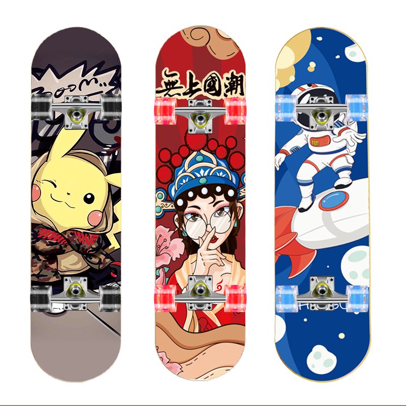 FOUR-WHEEL DOUBLE-BARRELLED SKATEBOARDS FOR SKATEBOARD BEGINNERS AND GIRLS AGED 3-6-12 FOR YOUNG ADULTS AGED 15R