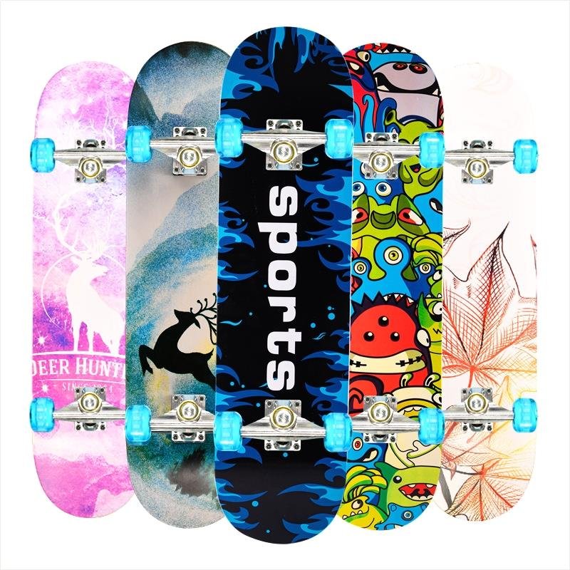 A beginner's double-drive skateboard, a professional swipe-in-the-street, man-and-child skater