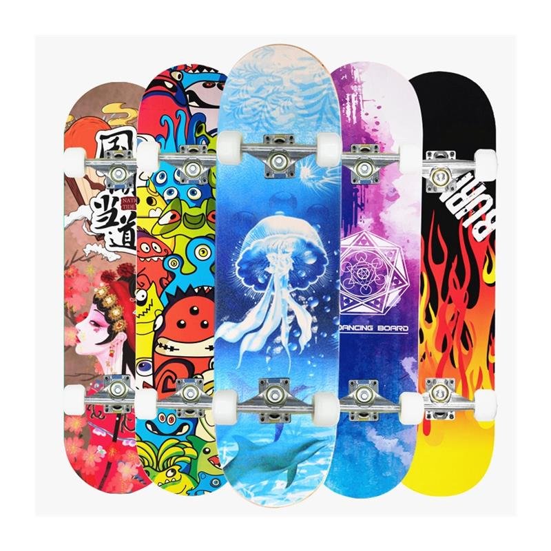 A beginner's double-drive skateboard, a professional swipe-in-the-street, man-and-child skater