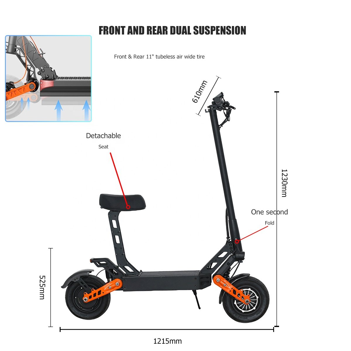 Stock Quick Foldable 11inch 1000W 48/52V 55km/h Off-road Electric Scooters