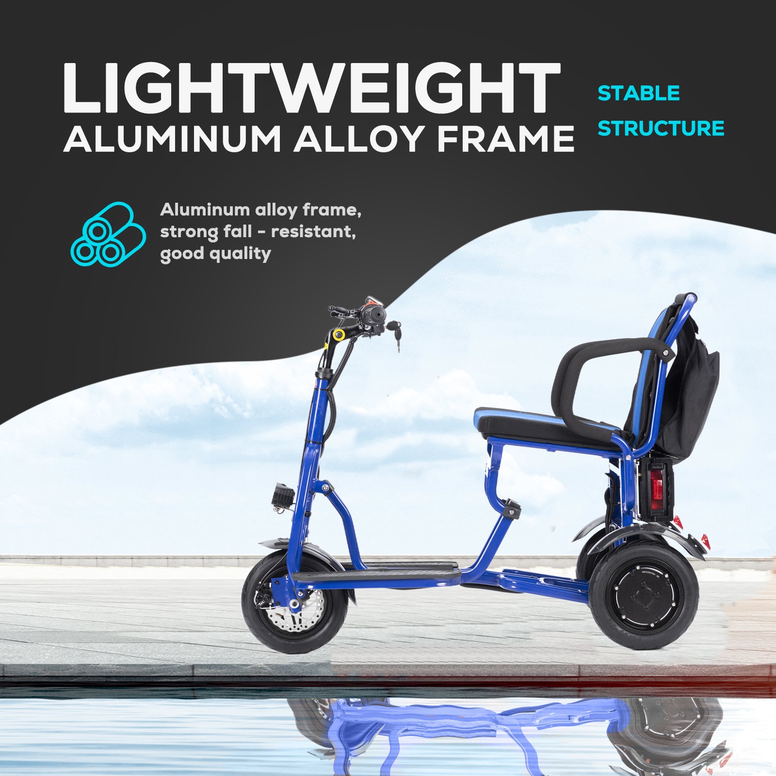 Folding 3 Wheel Blue Electric Mobility Scooter High Speed Compact Travel Power Scooter Aluminum Alloy Frame for Adults Elderly