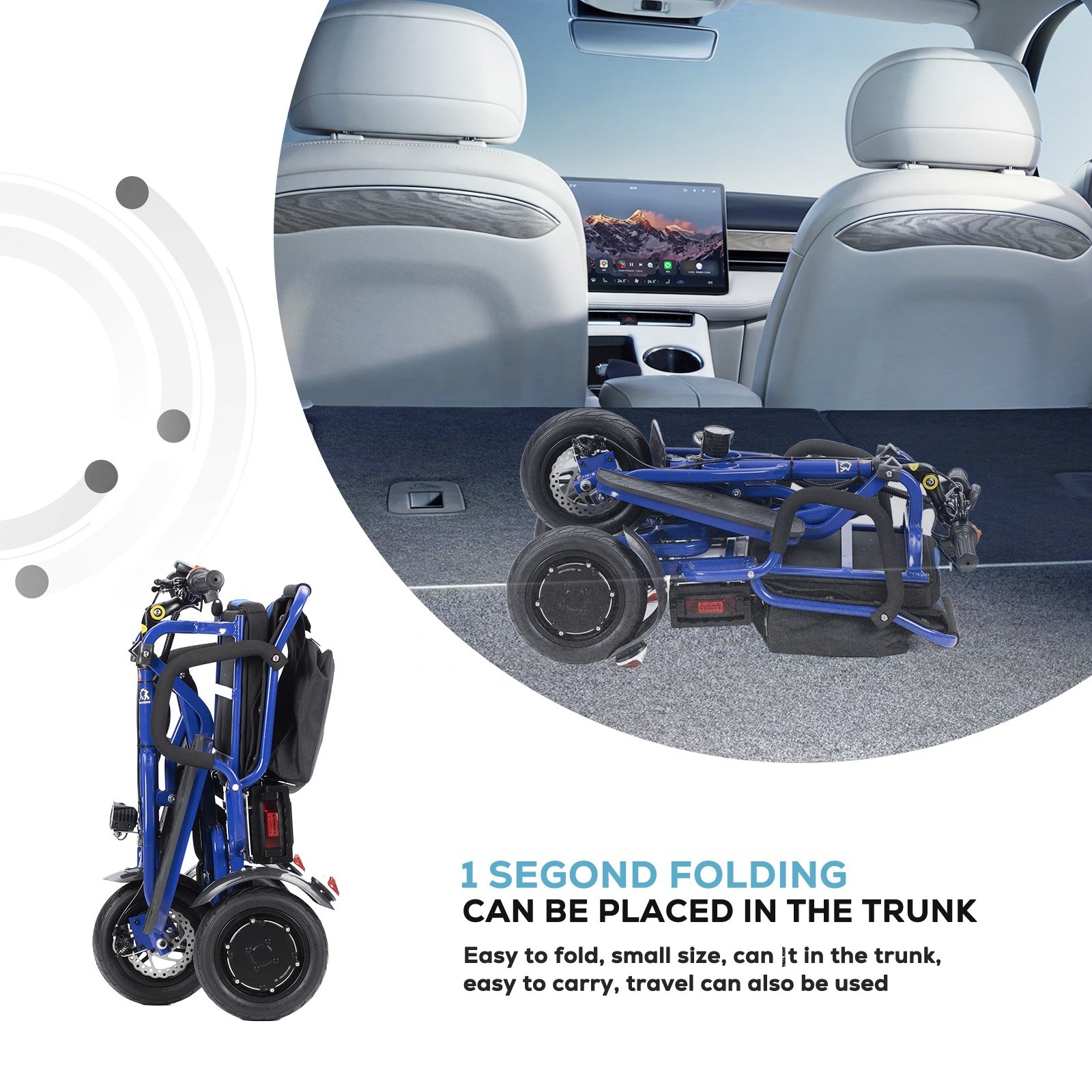 Folding 3 Wheel Blue Electric Mobility Scooter High Speed Compact Travel Power Scooter Aluminum Alloy Frame for Adults Elderly
