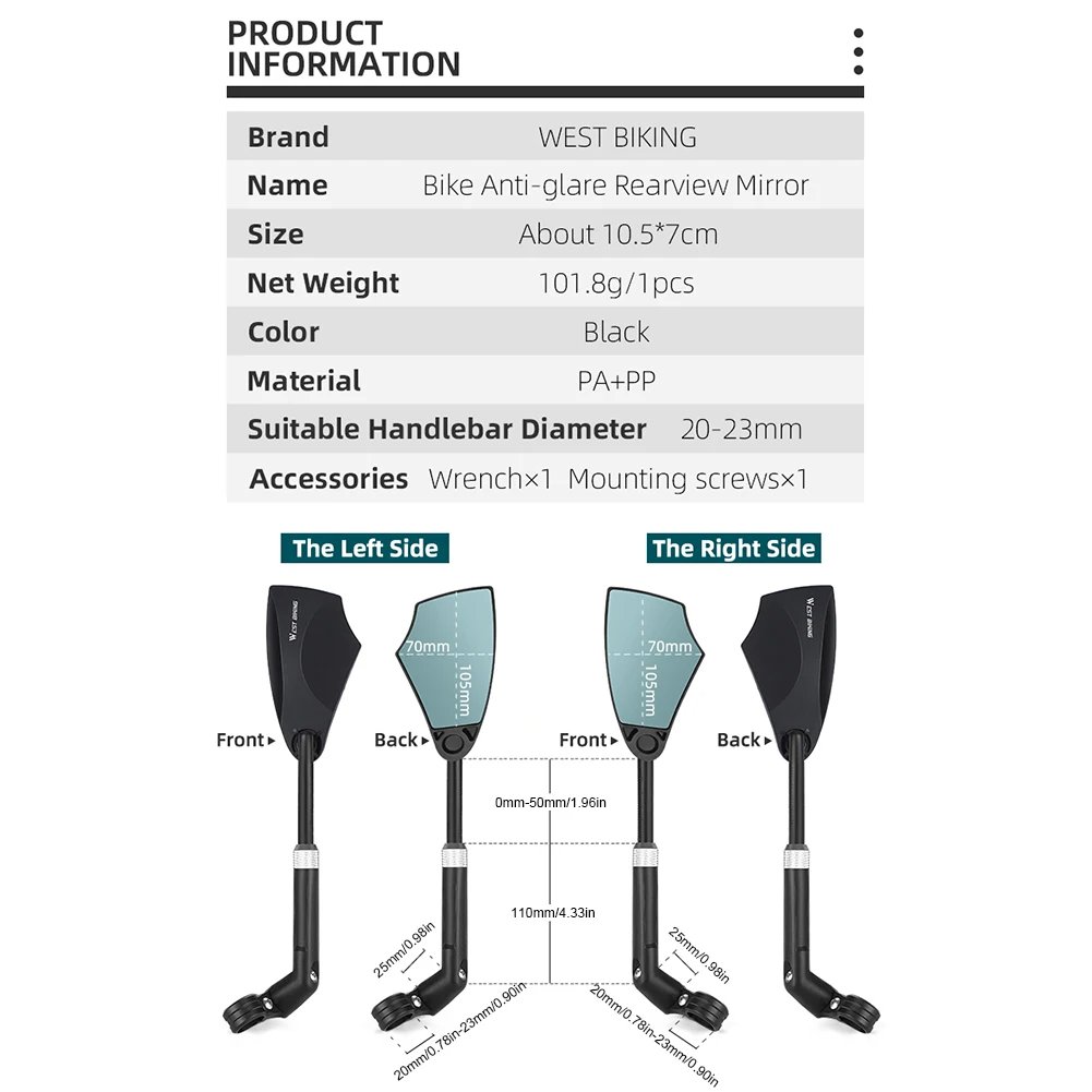 WEST BIKING Anti-Glare Bicycle Rearview Mirror Telescopic Adjustable Handlebar Rear View Mirror MTB E-Bike Scooter Parts