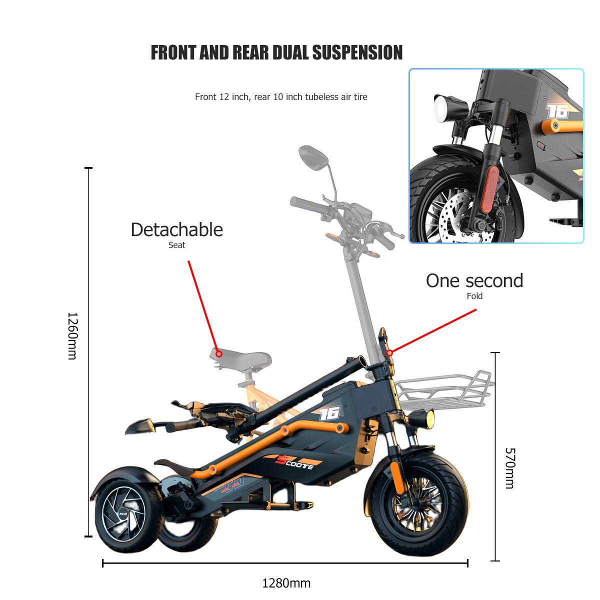 48V Dual Motor 3 Wheel Waterproof Electric Scooters Lithium Battery Max Load 150KGS Adult E Scooter