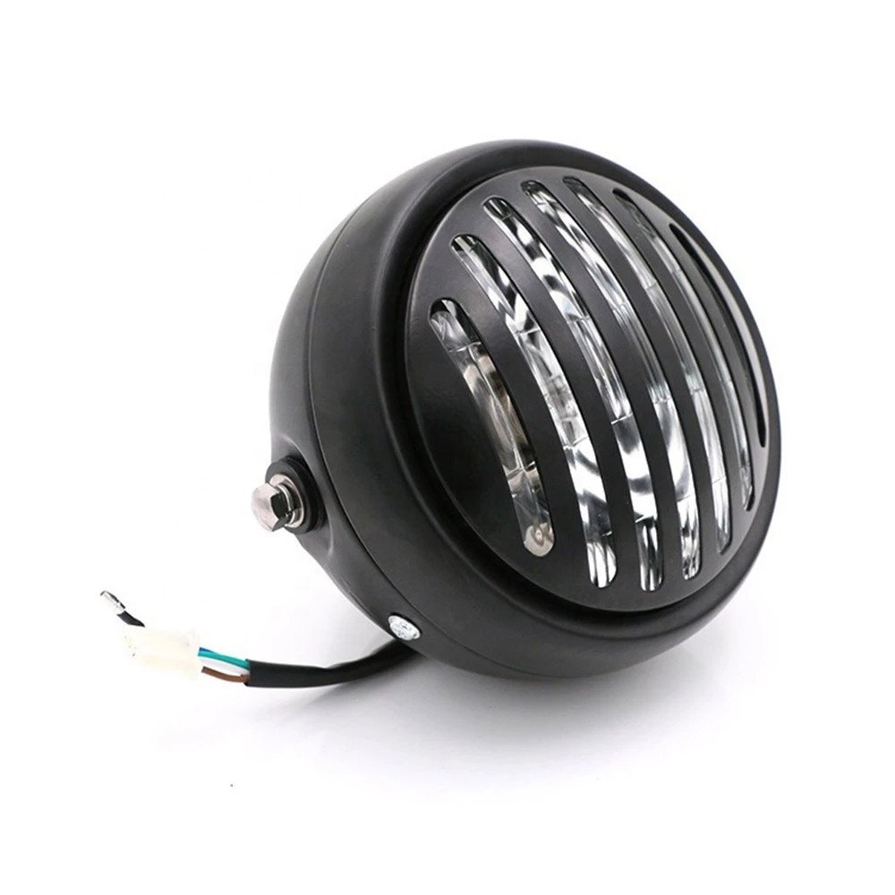 MOTERCROSS DC 12V Motorcycle Grill Headlight with Brackets Motorbike Retro Headlights Scooter Vintage Front Light Round Lamp