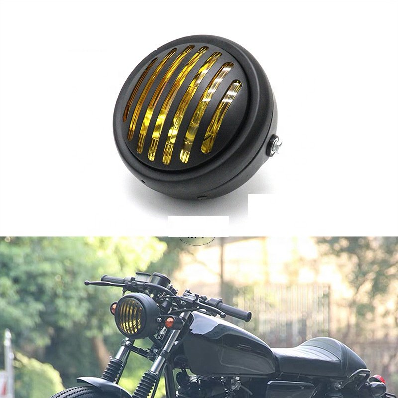 MOTERCROSS DC 12V Motorcycle Grill Headlight with Brackets Motorbike Retro Headlights Scooter Vintage Front Light Round Lamp