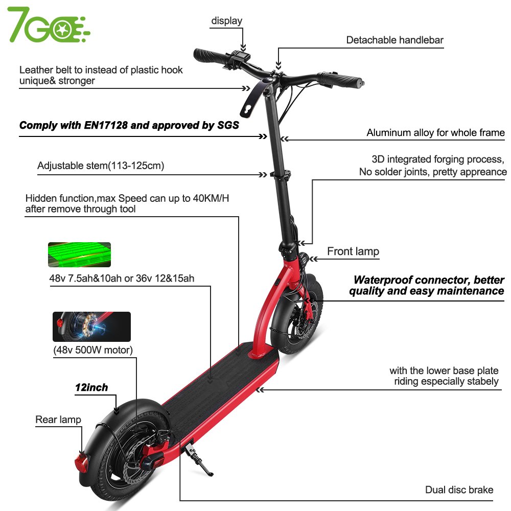 7Go EU US warehouse 12 inch tire foldable Electric Scooter 500W 48v long range fast speed escooter with patent
