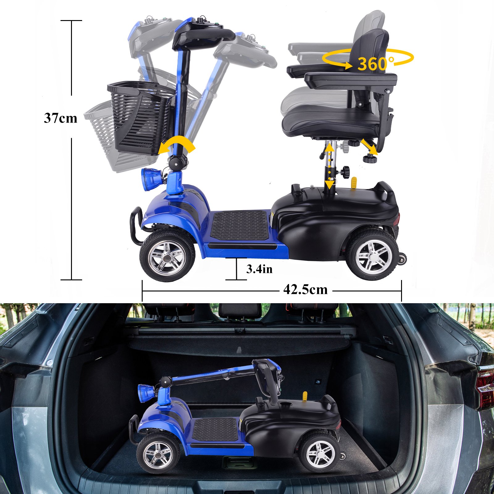 TOODI D10 US Warehouse 24V 20Ah 4 Wheels Elderly Electric Scooter Disabled Handicapped Folding Mobility Scooter For Seniors