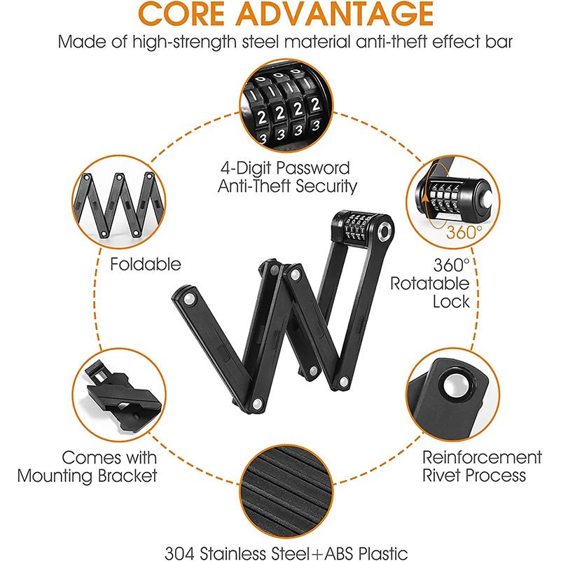 Road Bike Zinc Alloy Bicycle Lock High Security Anti-Theft Foldable Four-Digit Password Lock E-Bike Part Chain Lock