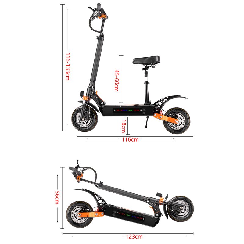 Folding electric scooter with 10-inch wide off-road tires Powerful lithium-ion battery 70 km per charge Scooter